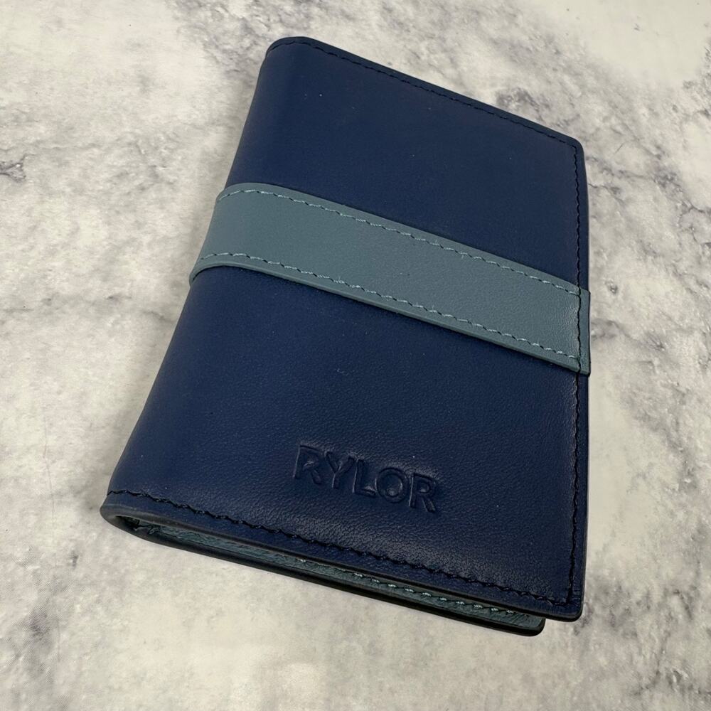 New RYLOR Stripe Bifold Luxury Oiled Leather Wallet Blue Wedding Gift Slim Card